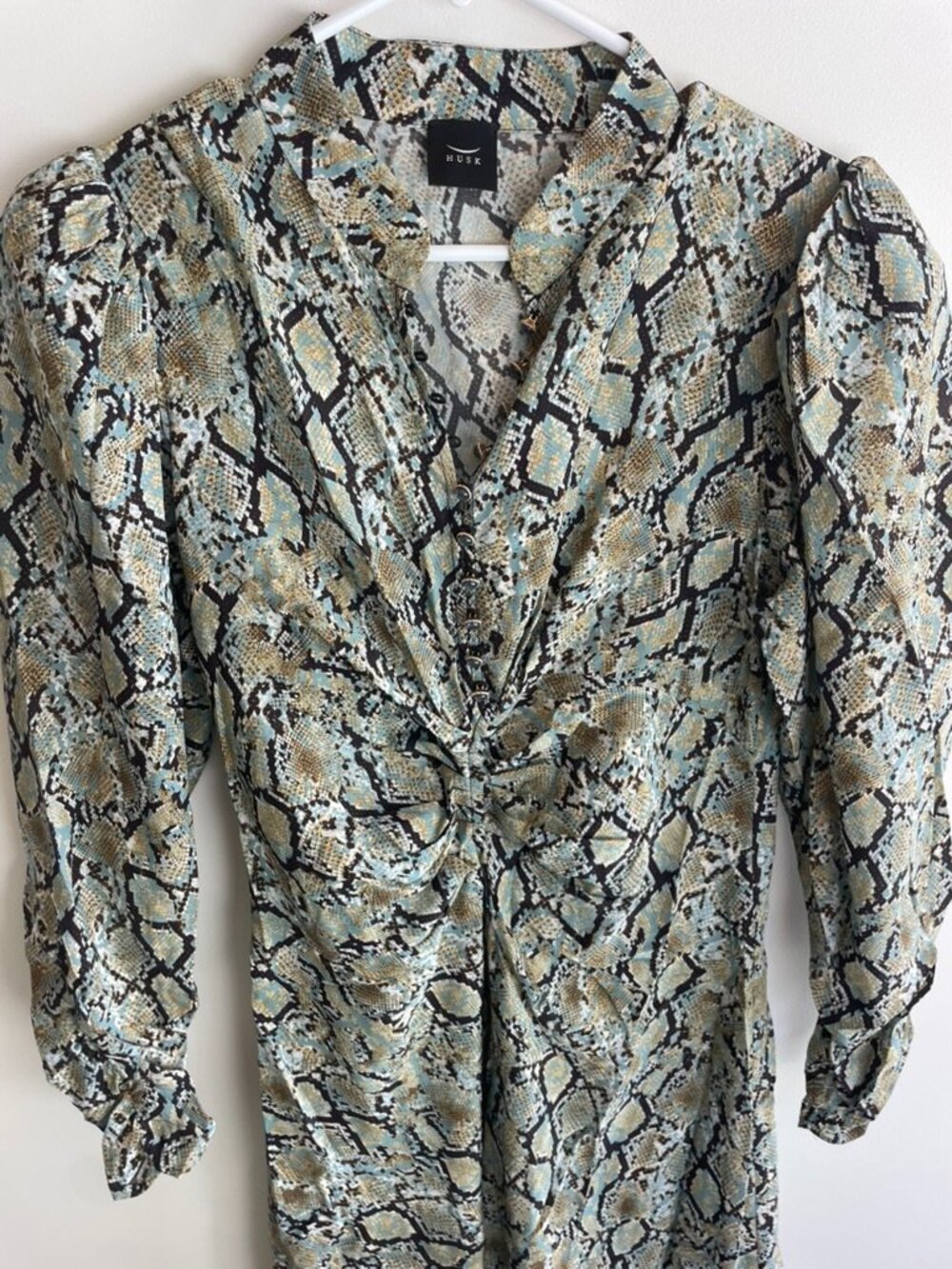 Husk Blue Tan Snakeskin Print Ruched Button Front Maxi Dress